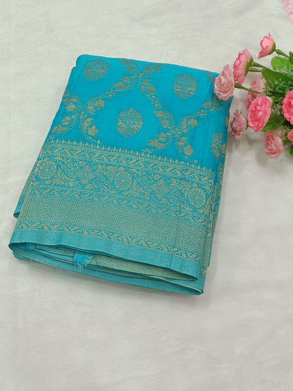 Aqua Blue Jaal Pure Crape Banarasi saree