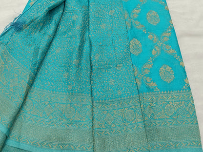 Aqua Blue Jaal Pure Crape Banarasi saree