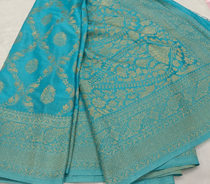 Aqua Blue Jaal Pure Crape Banarasi saree