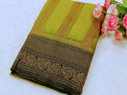 Lemon Yellow n Green Khadi Banarasi Saree