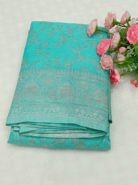 Sea Blue Jaal Pure Crape Banarasi saree