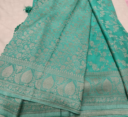 Sea Blue Jaal Pure Crape Banarasi saree