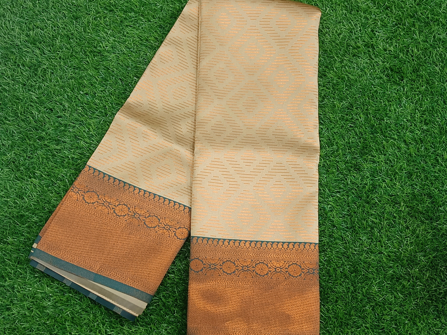 Beige and Green Soft Silk Saree