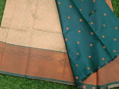 Beige and Green Soft Silk Saree