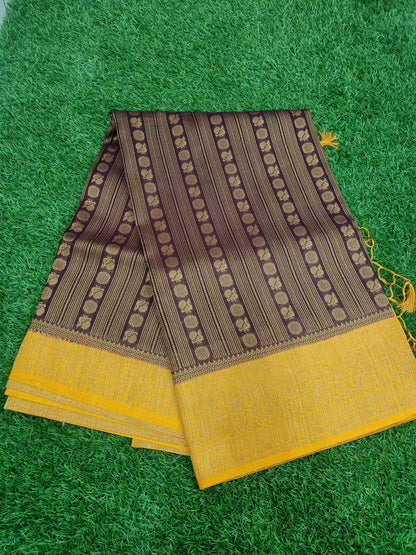 Navy Blue and Yellow Peacock Design Cotton Silk Saree