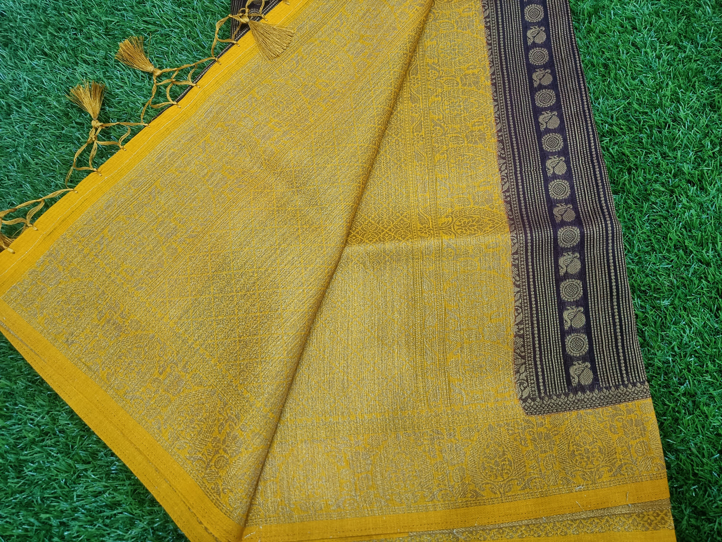 Navy Blue and Yellow Peacock Design Cotton Silk Saree