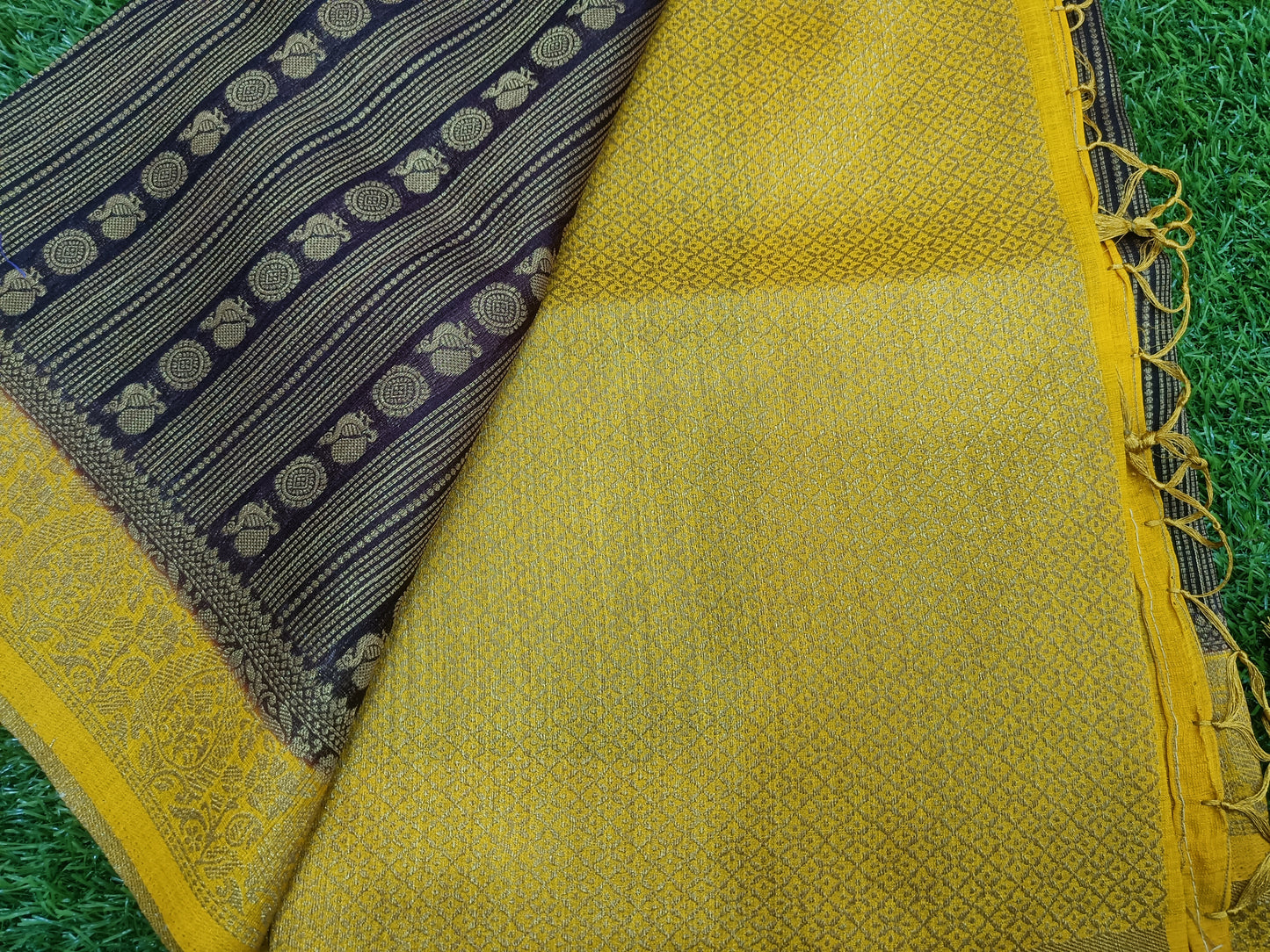 Navy Blue and Yellow Peacock Design Cotton Silk Saree