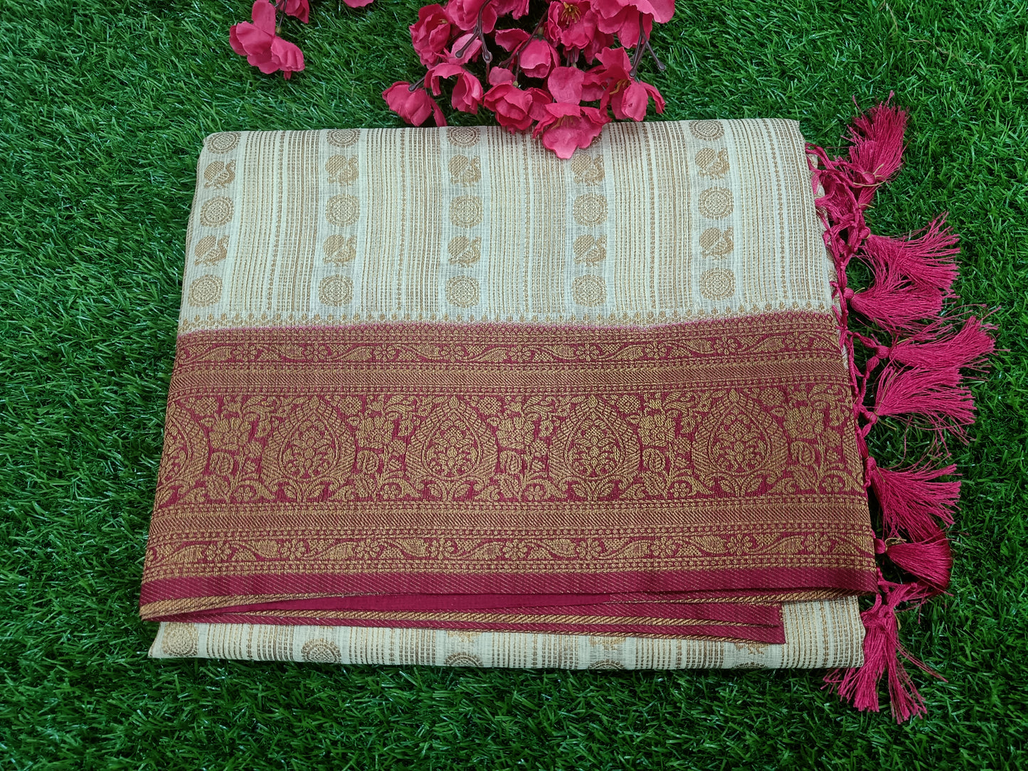 White and Pink Peacock Design Cotton Silk Saree