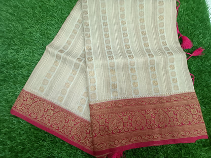 White and Pink Peacock Design Cotton Silk Saree