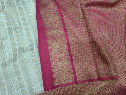 White and Pink Peacock Design Cotton Silk Saree