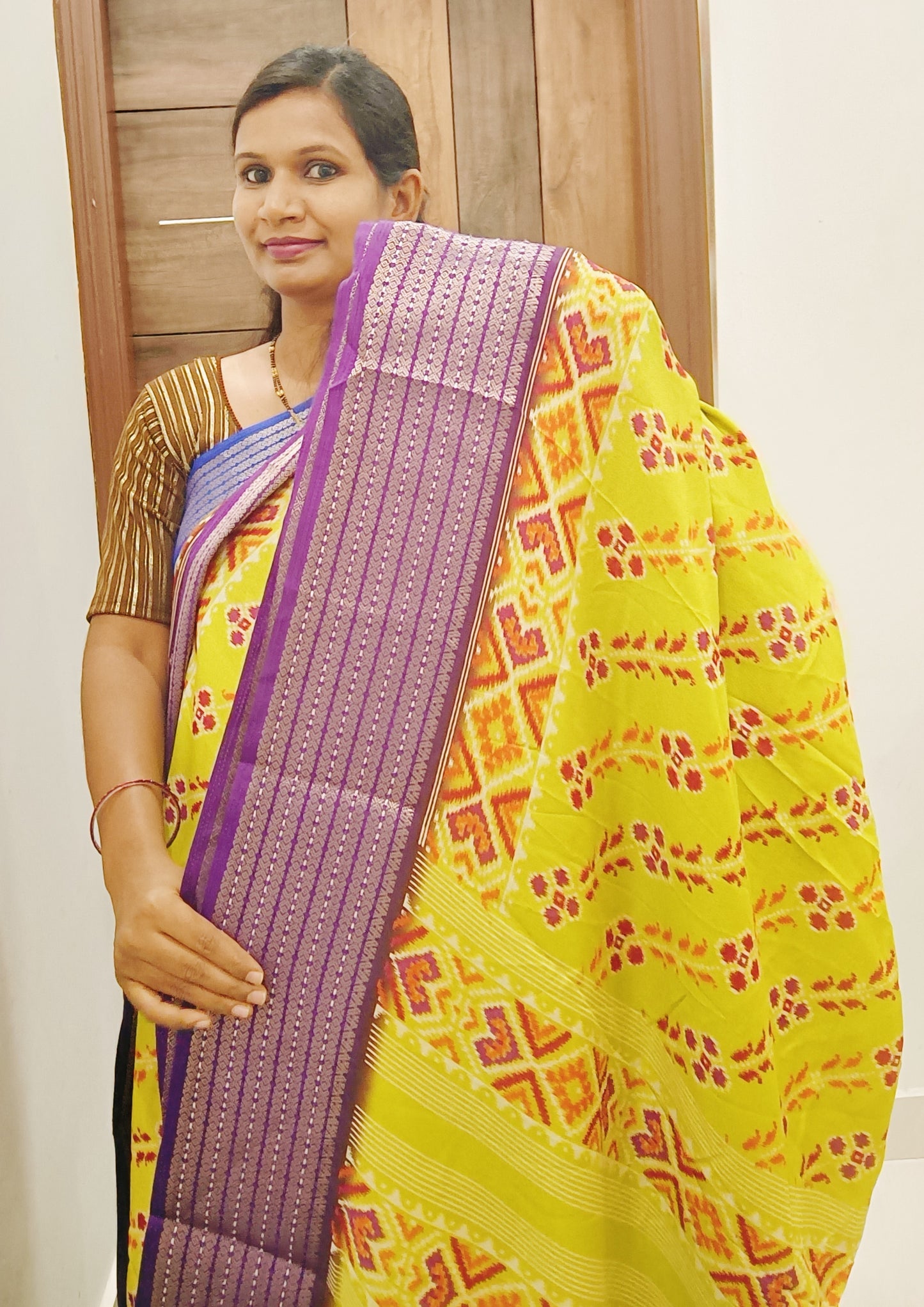 Yellow & Purple Lahariya Pochampalli Designer Saree