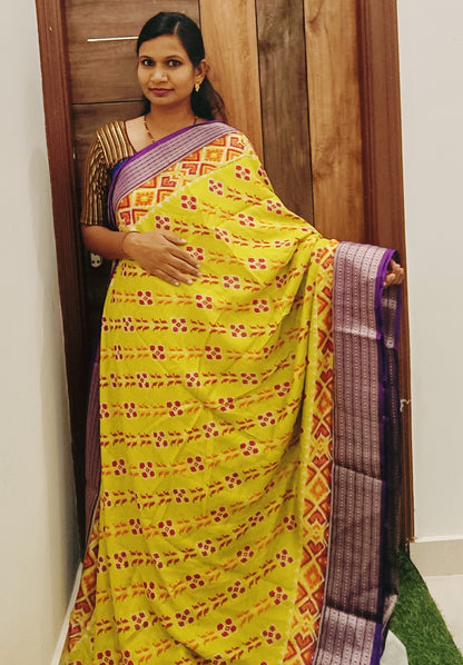 Yellow & Purple Lahariya Pochampalli Designer Saree