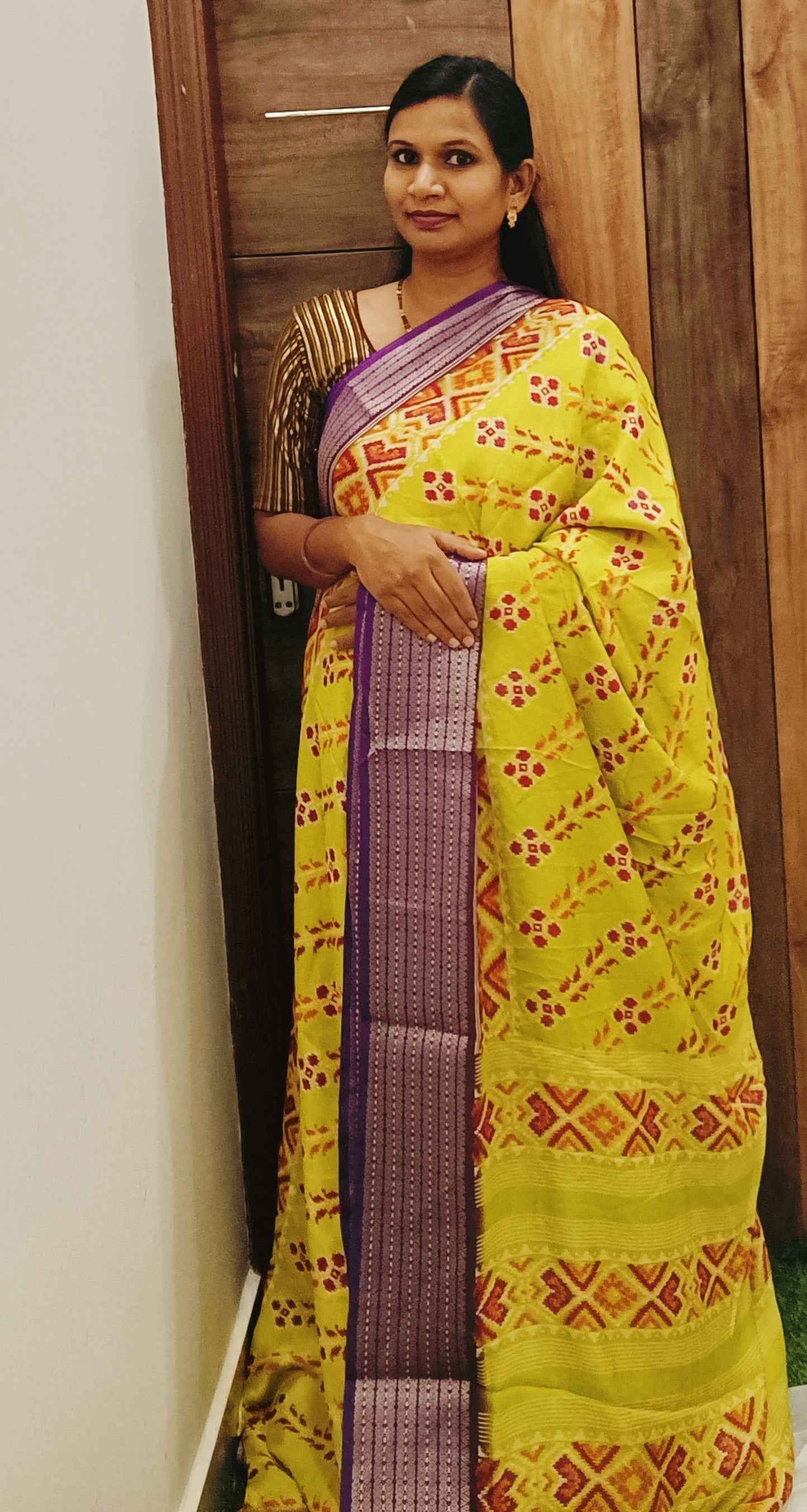 Yellow & Purple Lahariya Pochampalli Designer Saree