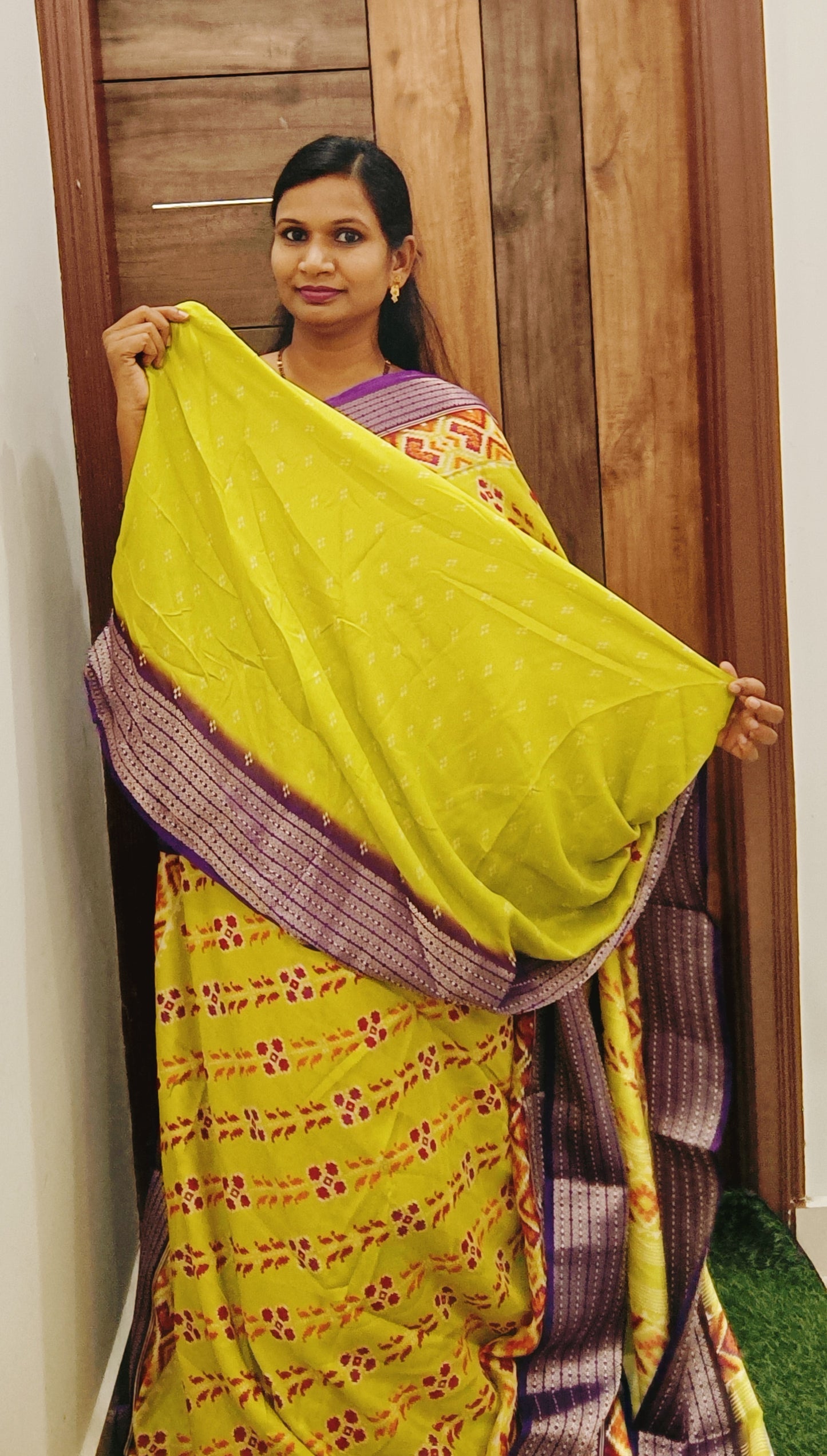 Yellow & Purple Lahariya Pochampalli Designer Saree