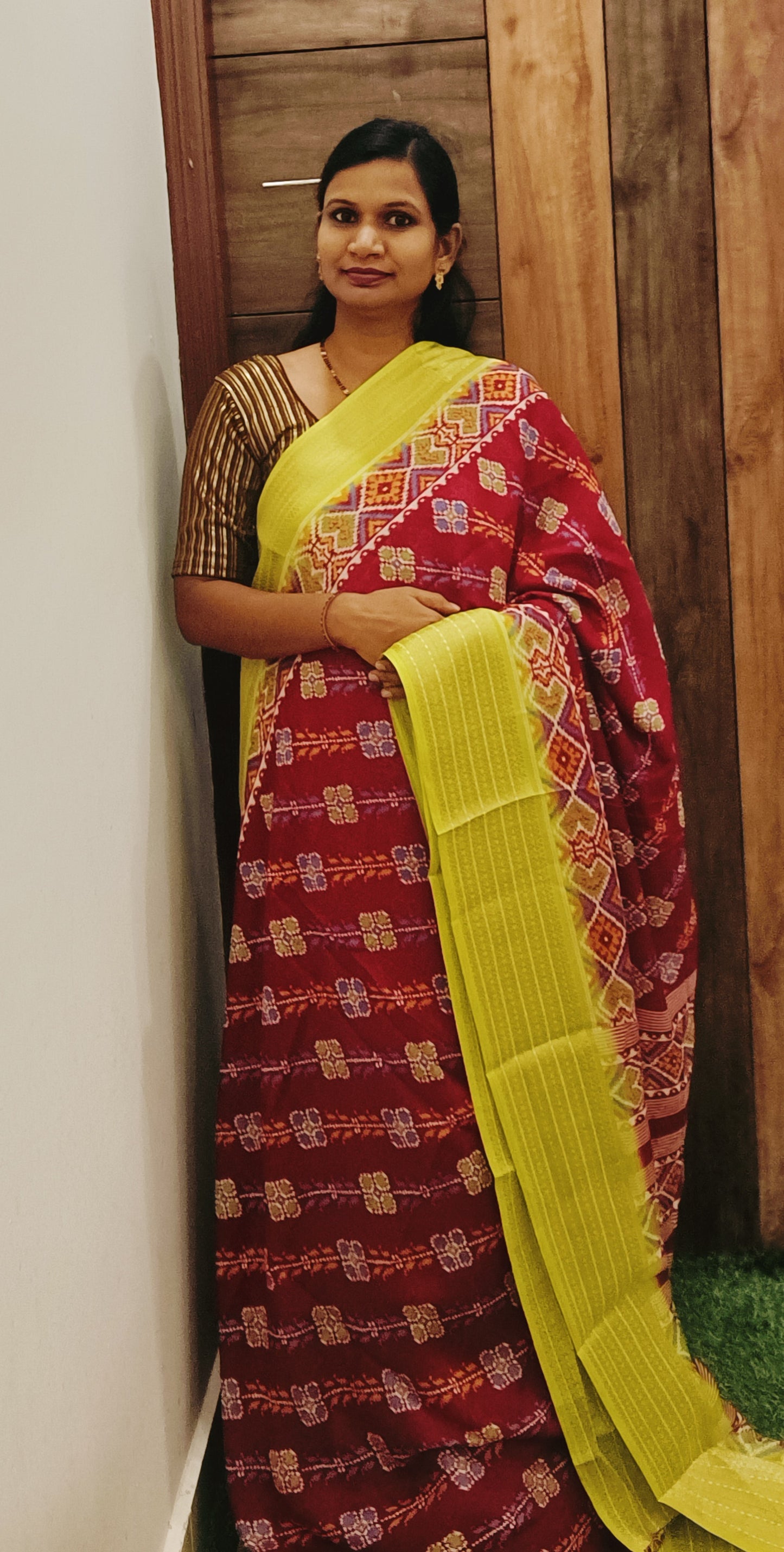 Maroon & Yellow Lahariya Pochampalli Designer Saree