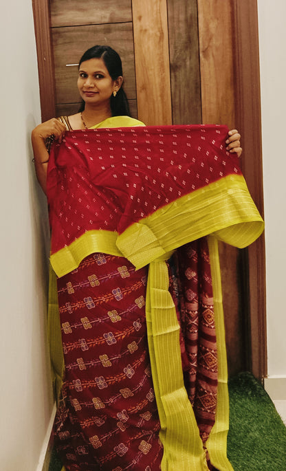 Maroon & Yellow Lahariya Pochampalli Designer Saree