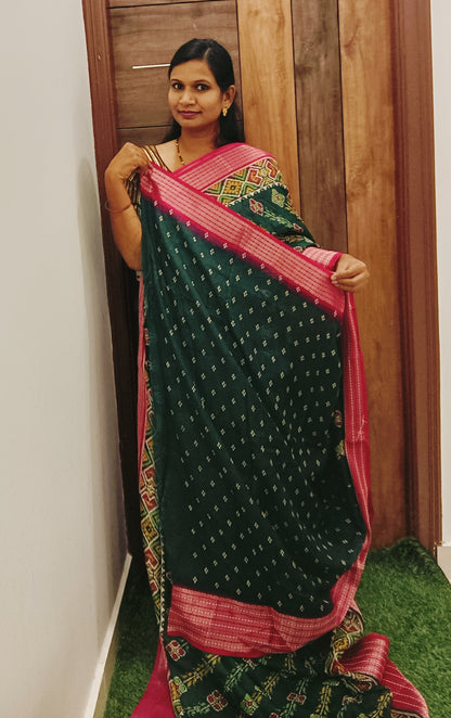 Bottle green & Pink Lahariya Pochampalli Designer Saree