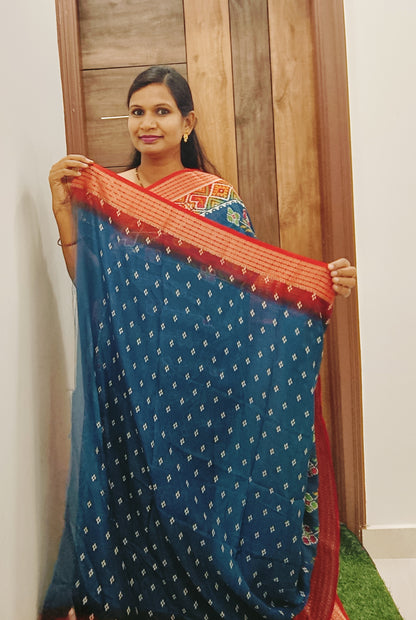 Peacock Blue & Red Lahariya Pochampalli Designer Saree