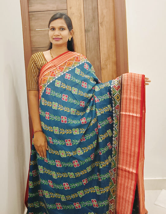 Peacock Blue & Red Lahariya Pochampalli Designer Saree