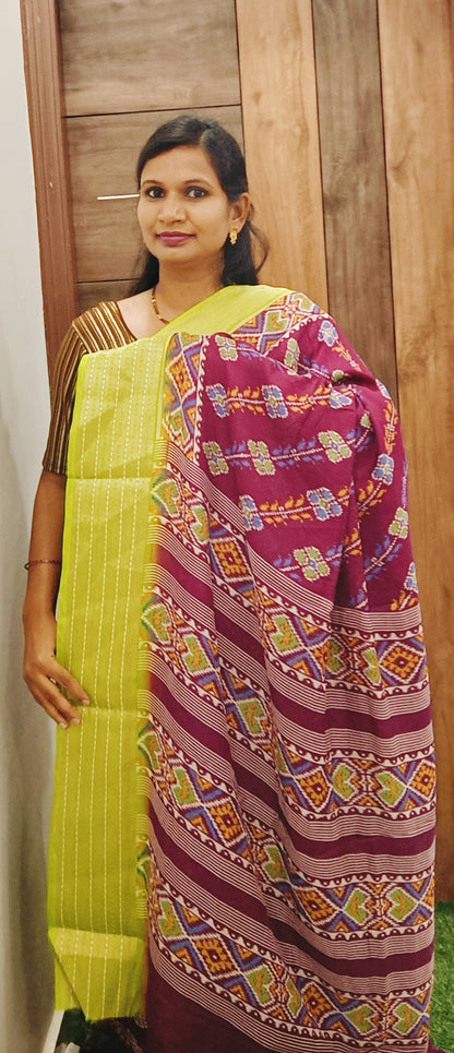 Wine & Yellow Lahariya Pochampalli Designer Saree