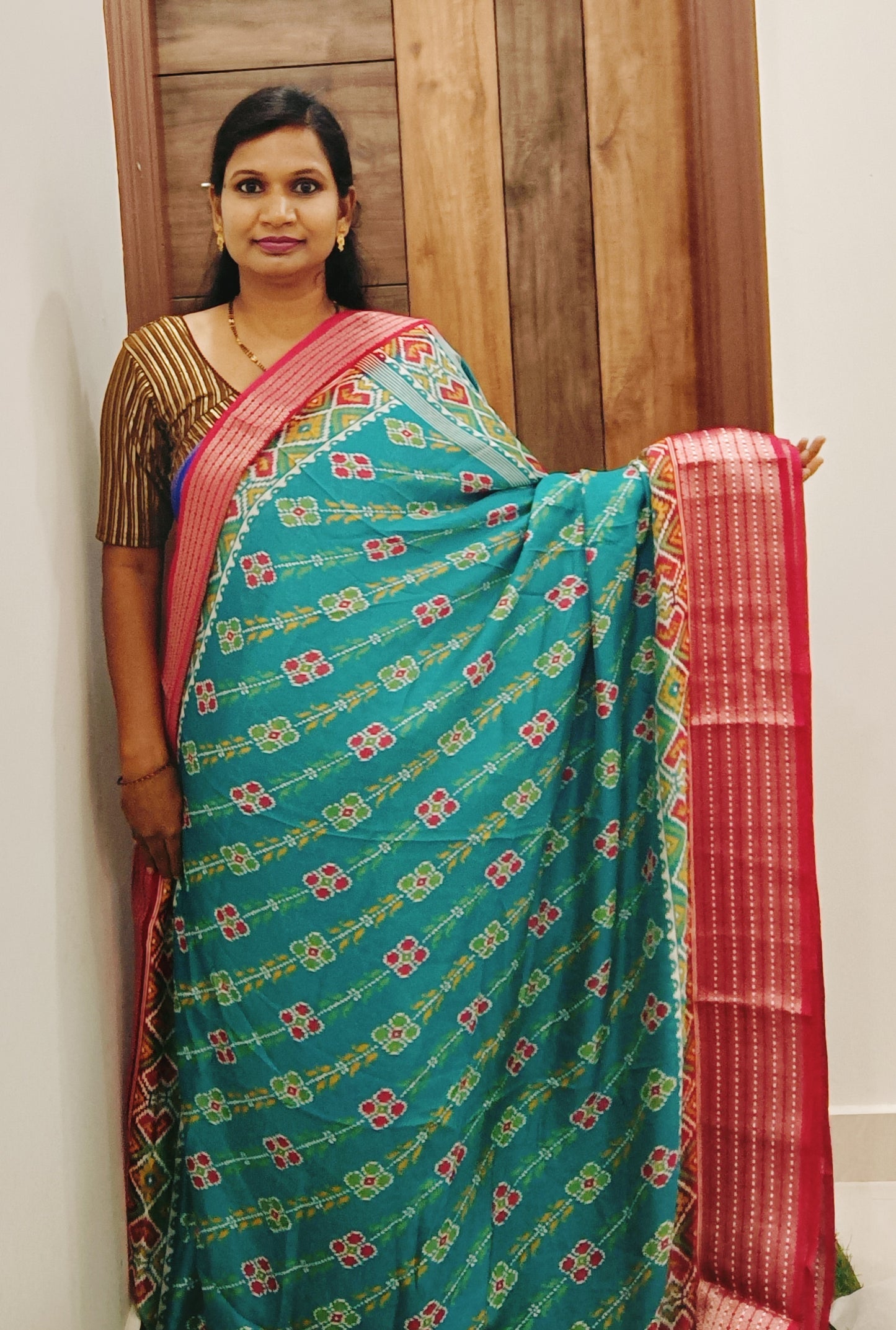 Rama Green & Pink Lahariya Pochampalli Designer Saree