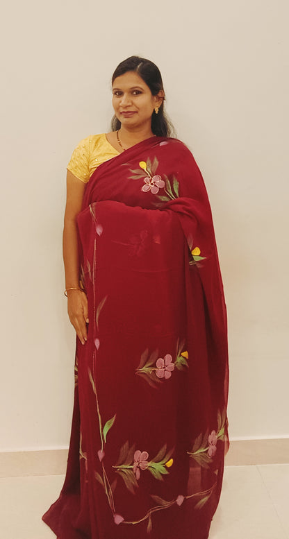 Maroon Brush paint Georgette Saree