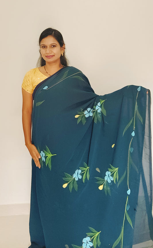 Peacock Blue Brush paint Georgette Saree