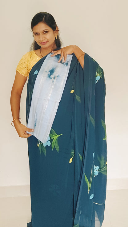 Peacock Blue Brush paint Georgette Saree