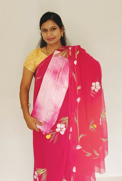 Pink  Brush paint Georgette Saree