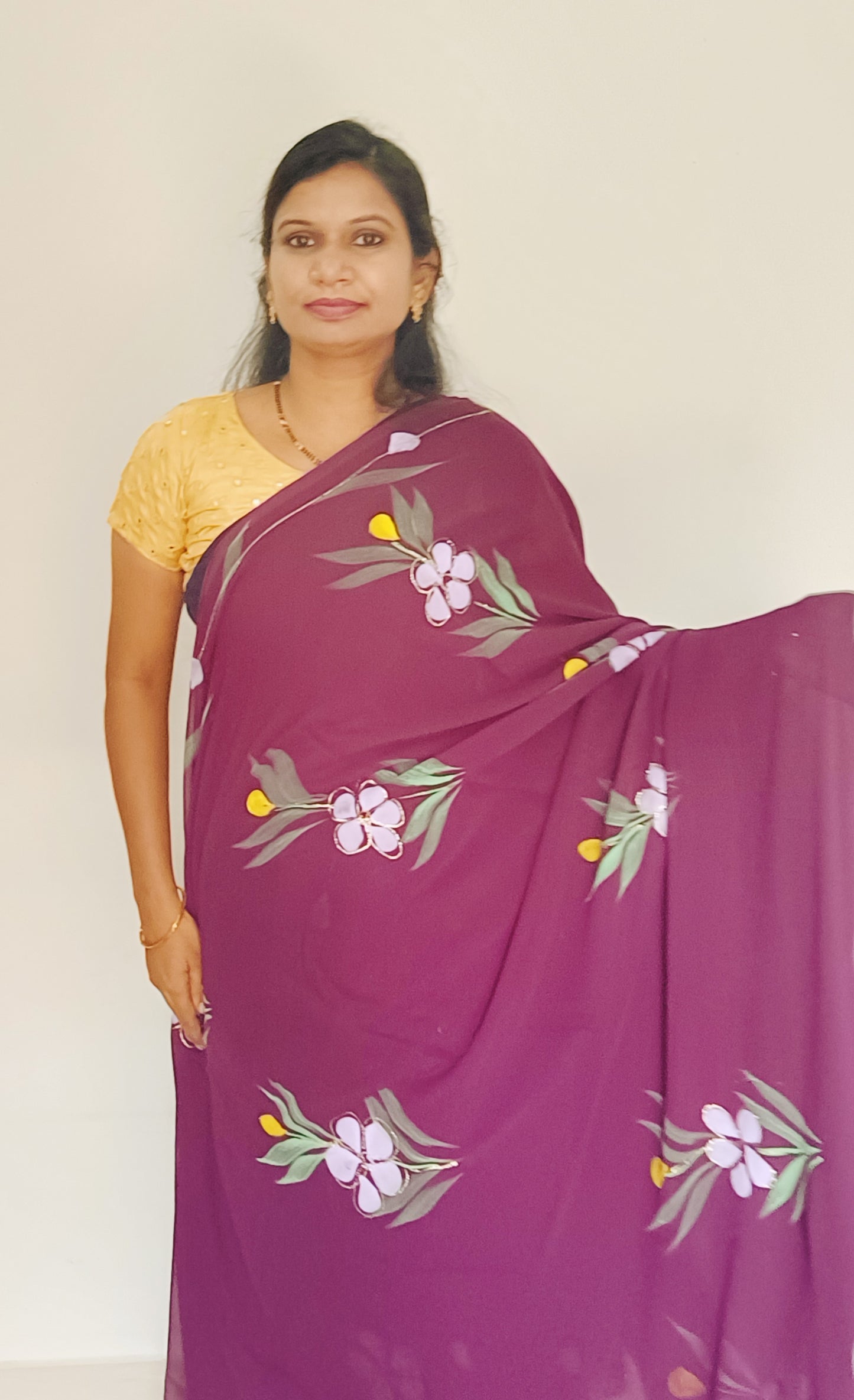 Wine Brush paint Georgette Saree