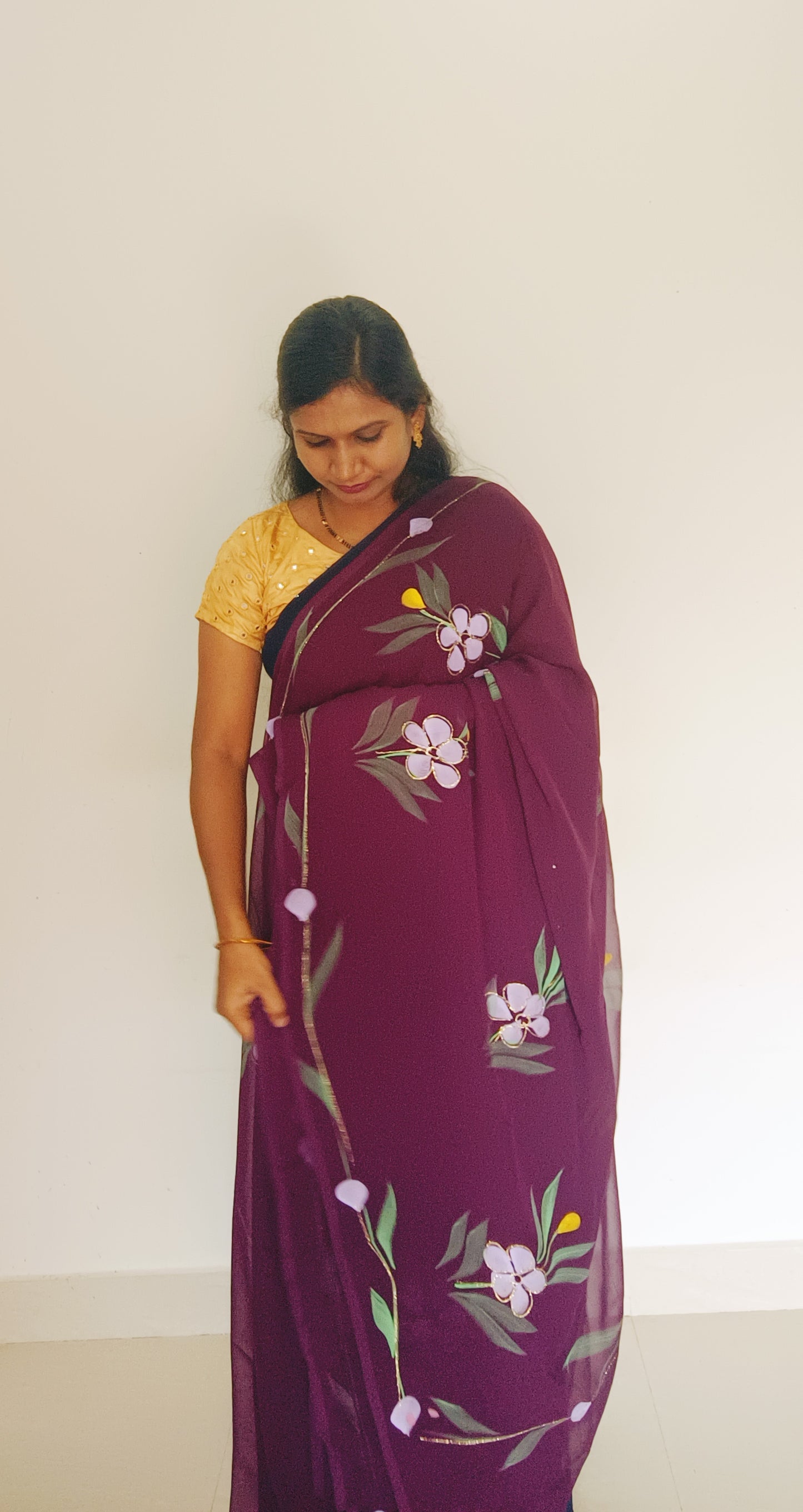 Wine Brush paint Georgette Saree