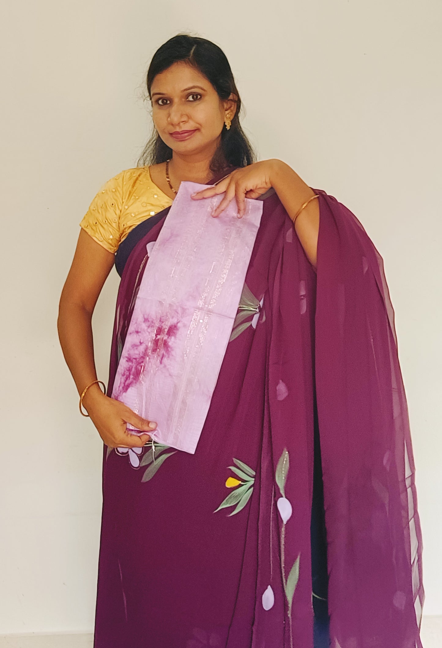 Wine Brush paint Georgette Saree