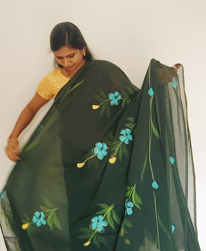 Green Brush paint Georgette Saree