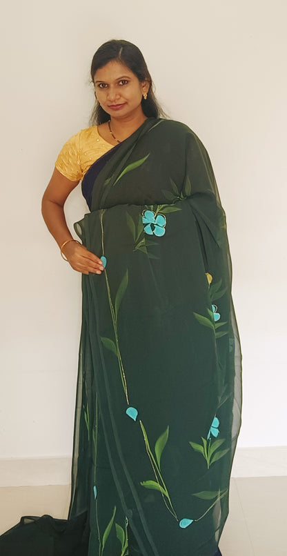 Green Brush paint Georgette Saree