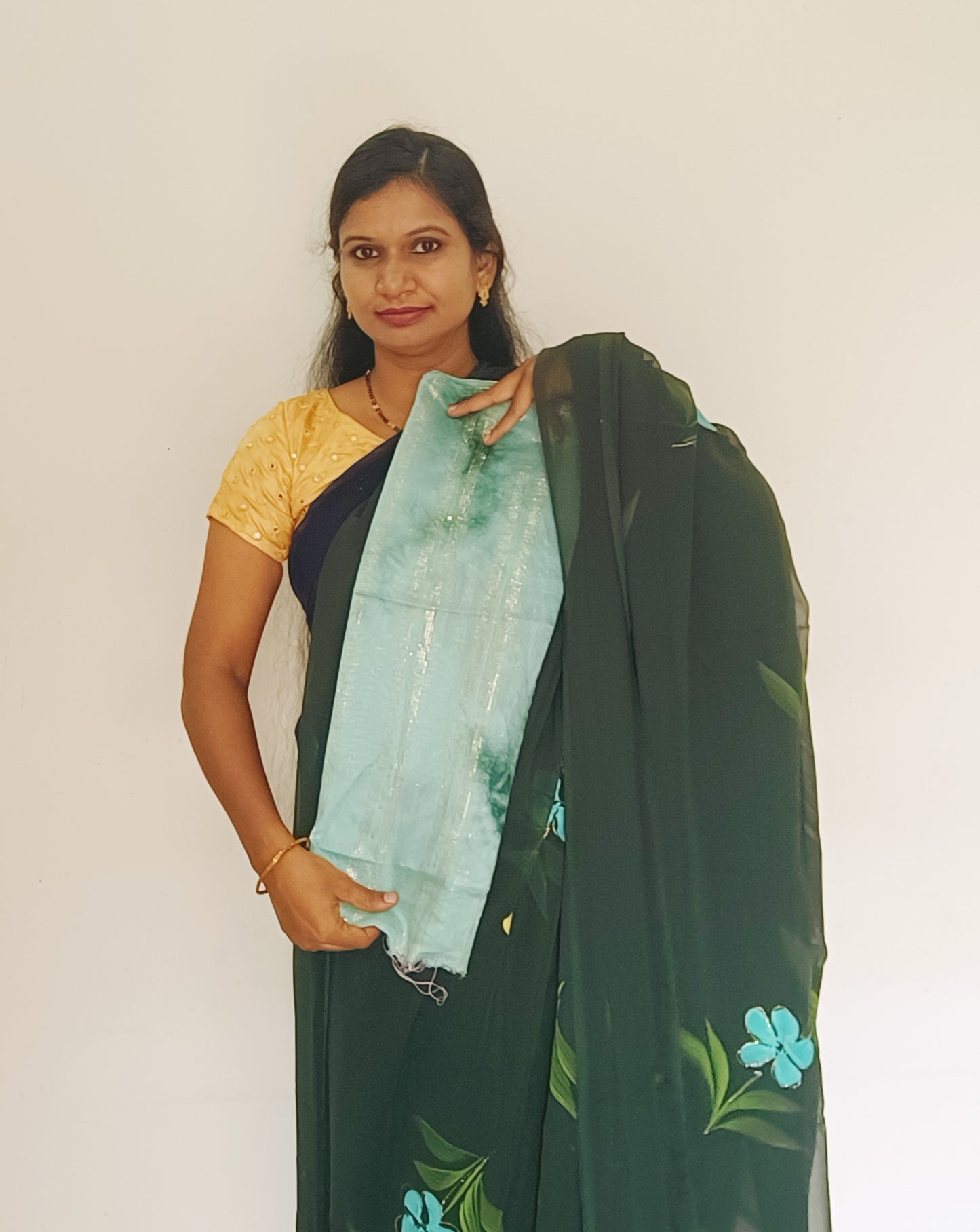 Green Brush paint Georgette Saree