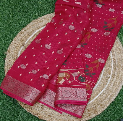 Rani Pink Bunai Semi Banarasi Georgette Saree