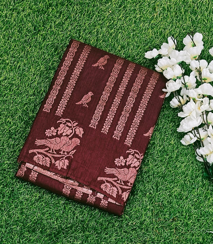 Maroon Bird Designer Khadi Banarasi Saree