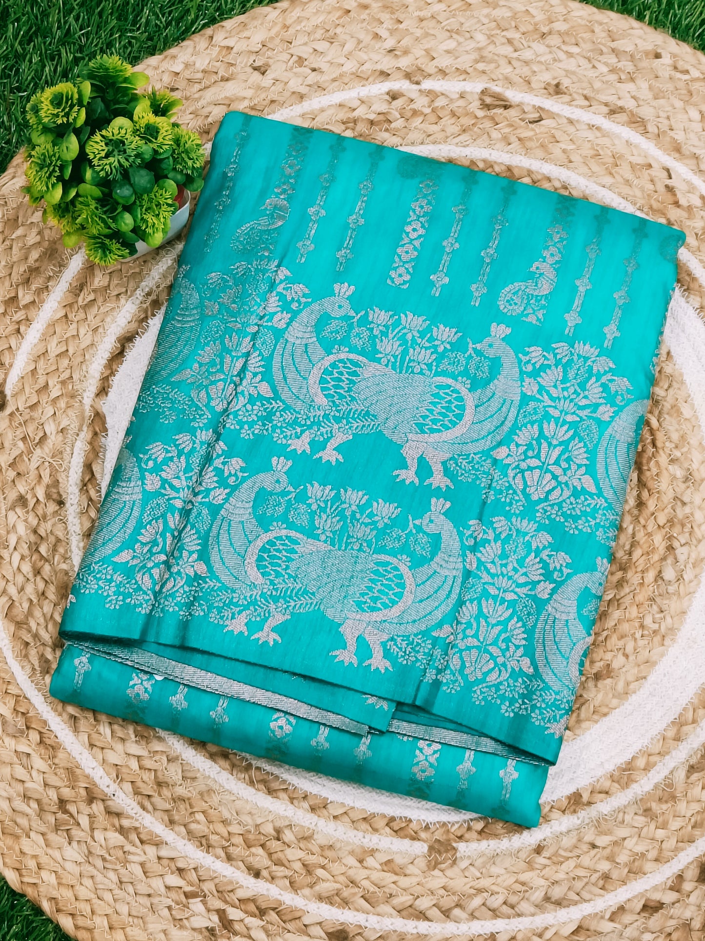 Rama Green Peacock Designer Khadi Banarasi Saree