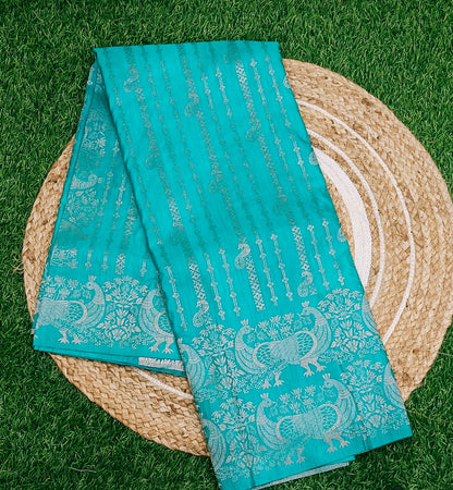 Rama Green Peacock Designer Khadi Banarasi Saree