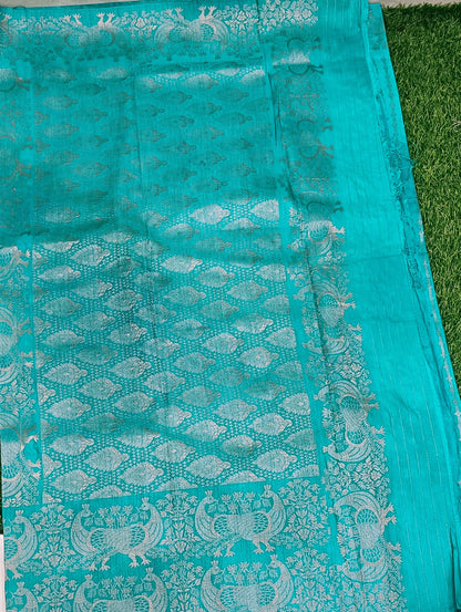 Rama Green Peacock Designer Khadi Banarasi Saree