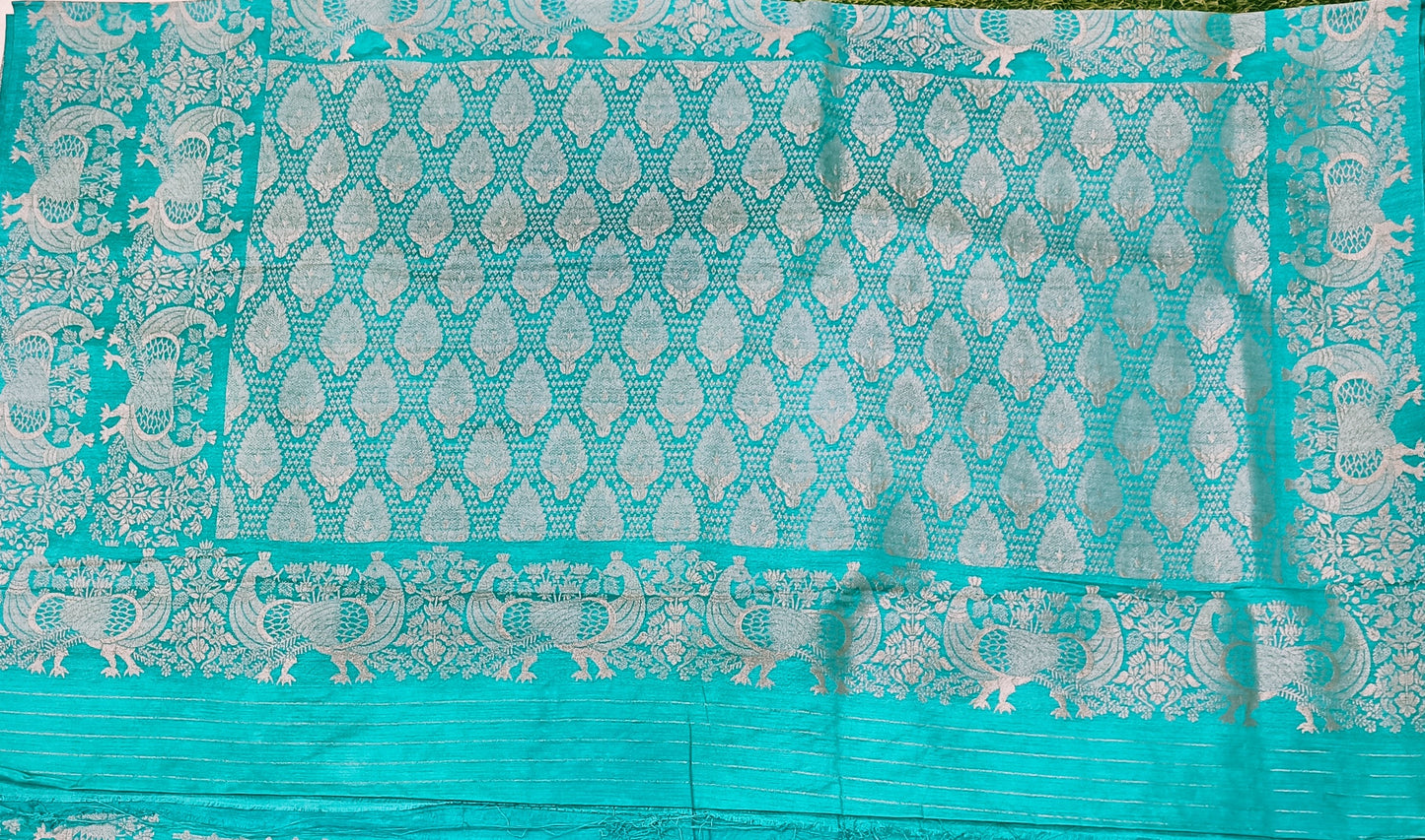 Rama Green Peacock Designer Khadi Banarasi Saree