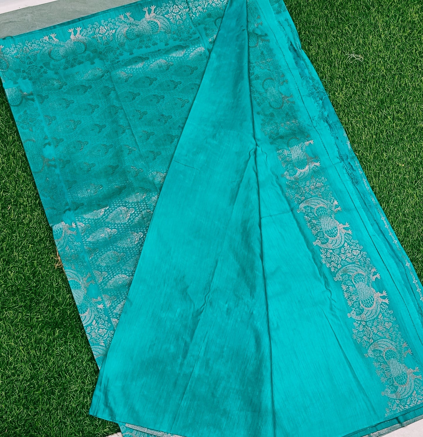 Rama Green Peacock Designer Khadi Banarasi Saree