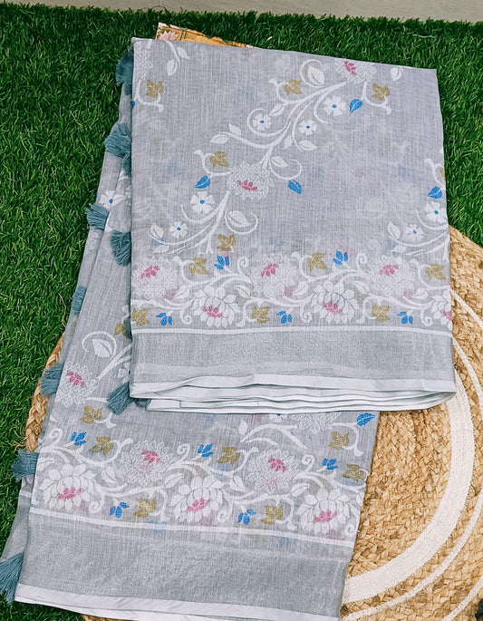 Light Gray Jamdani Cotton Silk Saree