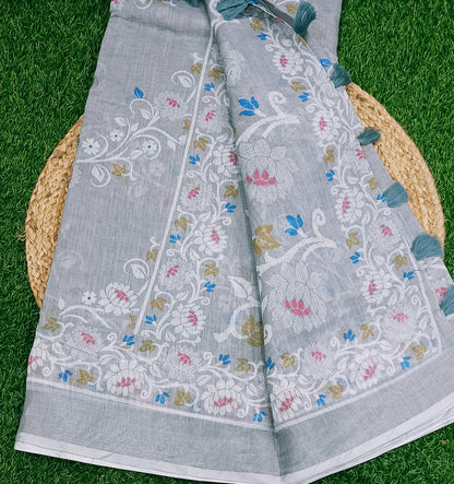 Light Gray Jamdani Cotton Silk Saree