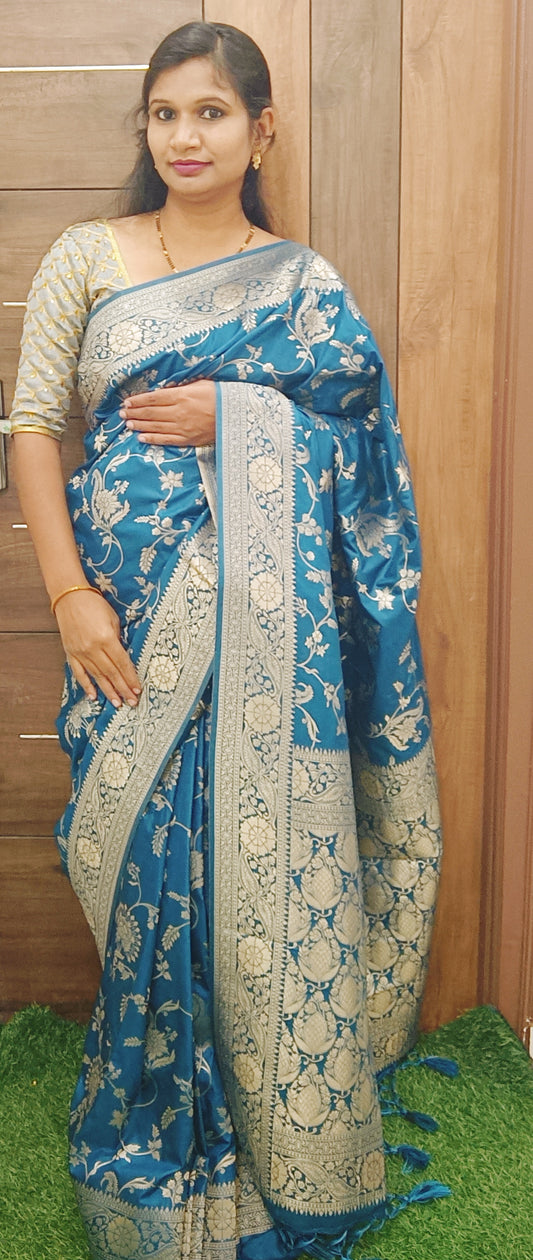 Peacock Blue Jaal Kathan Banarasi saree