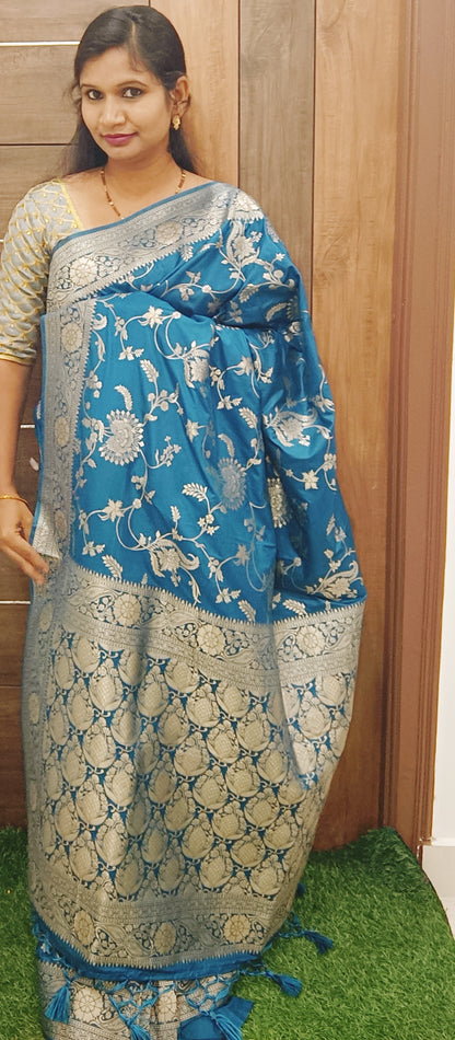 Peacock Blue Jaal Kathan Banarasi saree