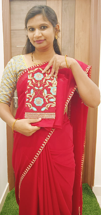 Red Scallop Rangoli georgette