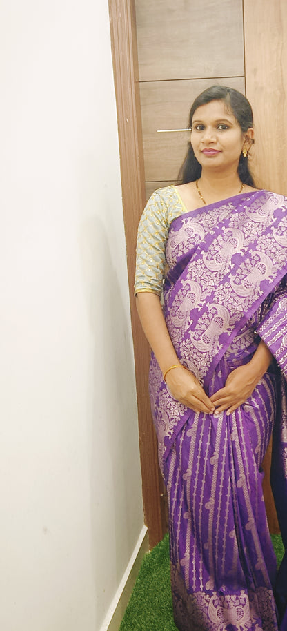 Purple Peacock Designer Khadi Banarasi Saree