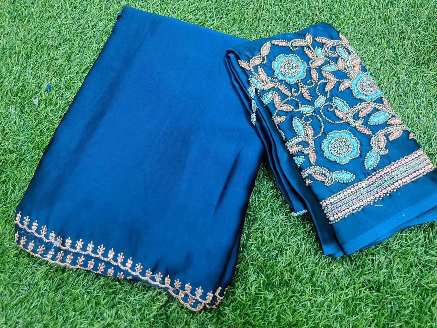 Peacock Blue Scallop Rangoli georgette