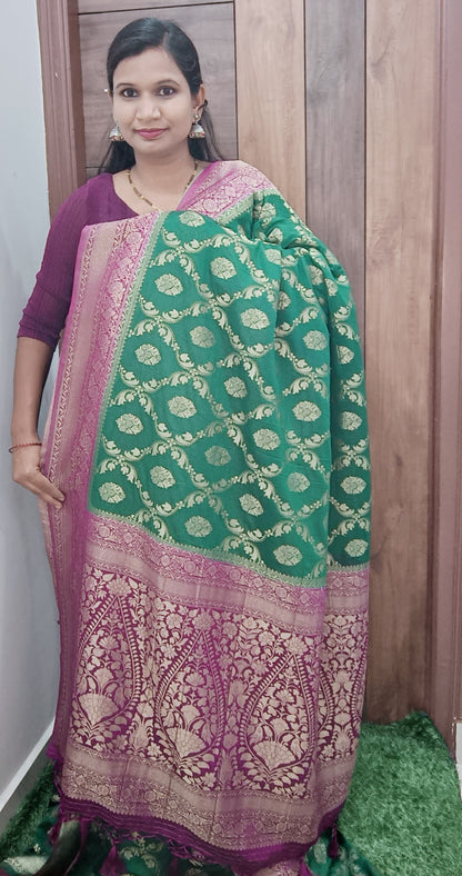 Green n Pink Jaal Pure Crape Banarasi saree